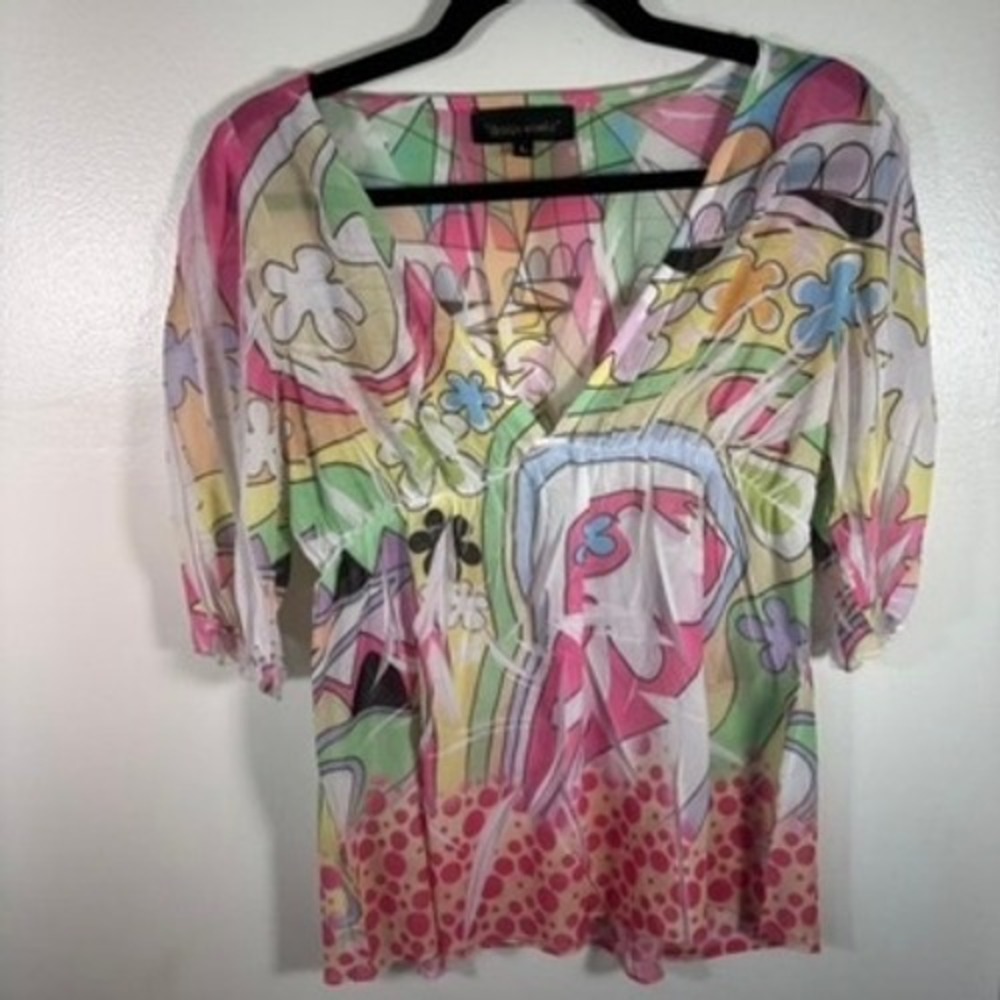 Vintage Y2K Sheer Blouse Sz L Multi Color Abstract V-Neck Boho Top Whimsy Bright